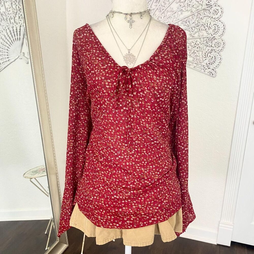 VTG Self Esteem Dark Red Floral Plus Size Milkmaid Cottage Core Floral Flowy Top